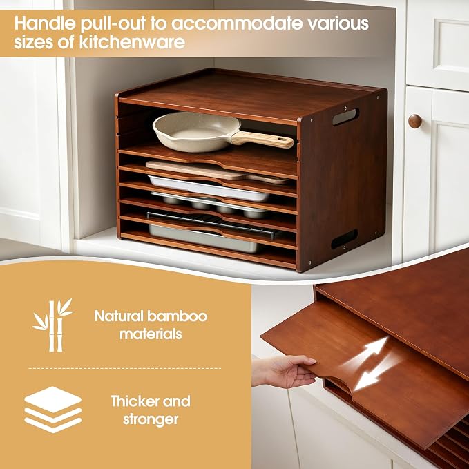 8-Tier Baking Sheet Organizer for Cabinet, 17 x 12 x 14 in Wooden Tray Divider Rack, Bamboo Cutting Board, Pan, Tray and Cookie Sheet Organizer for Kitchen Storage - Image 4