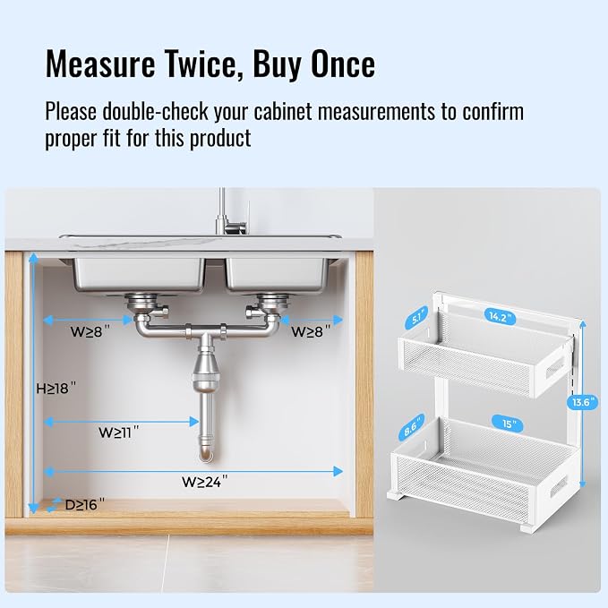 TISTAYA Full Metal Under Sink Organizer, Pull Out Cabinet Organizers and Storage, Silk-Smooth Sliding Drawer for Kitchen, Bathroom, Pantry, Cabinet, Closet (White, 2 Pack) - Image 2
