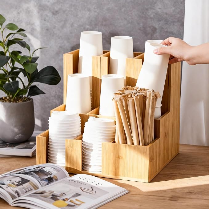 CroBlissful Bamboo Vertical Coffee Cup and Lid Dispenser, Coffee Condiment Organizer, 9 Compartment for Disposable Paper & Plastic Cup, for Cabinet Station Home Countertop Bar 13''l x 13''w x 12''h - Image 4