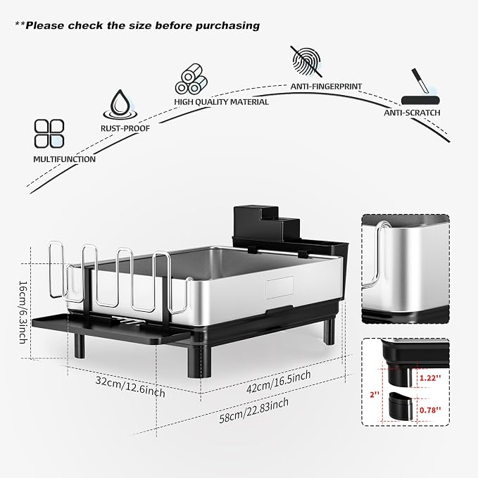 Dish Drying Rack, 304 Stainless Steel Dish Racks for Kitchen Counter | Dish Drainers with Automatic Drainage, Utensil Holder & Cups Holder, Space Saving Kitchen Organizer, Black - Image 6