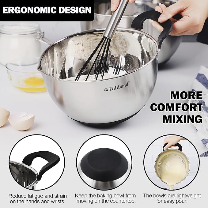 Hillbond Stainless Steel Mixing Bowls with Lids Set, Set of 3, Black | mixing bowls with Pour Spout, Silicone Handle, Non-Slip Bottoms, Dishwasher Safe, Metal Mixing Bowls for baking - Image 2