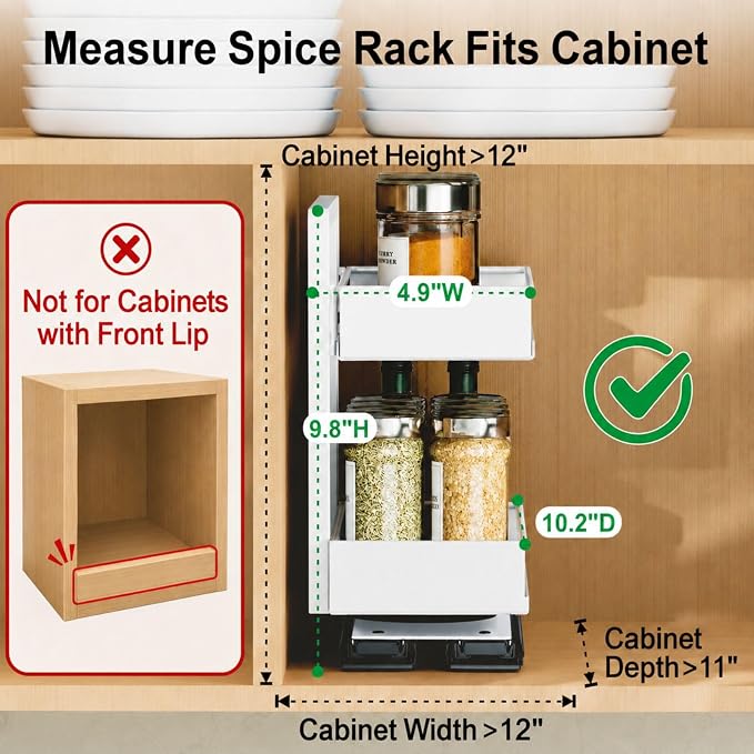 Vertical Spice Rack Pull Out - 2 Pack Spice Organizer for Cabinet | For Flat-Front Cabinets Only, Pull-Out Rotating Access, No-Drill Mount, Keeps Spices Visible Easy to Reach, Adjustable Height - Image 2