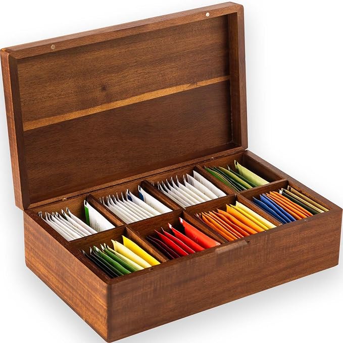 Acacia Wooden Tea Bag Organizers, Tea packet Storage Boxes, Tea Caddy for Tea Bags Chest, Teabag Holder Containers, Teabox Station Display, Organizador De Tes Caja Para Te, 8 Compartments by FLYIEE