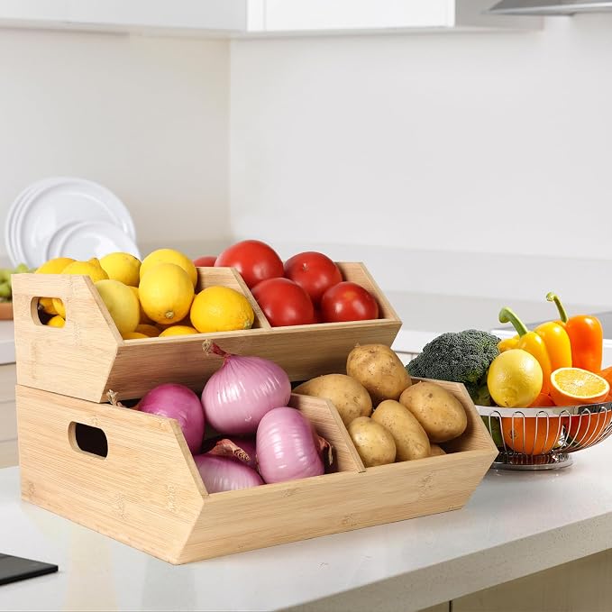 Bamboo Pantry Organizers and Storage Bins, 2 Set Stackable Baskets for Vegetables, Potatoes, Onion, Garlic, Bread - Bamboo Kitchen Containers for Pantry Drawer, Counter, Cabinet - Image 2