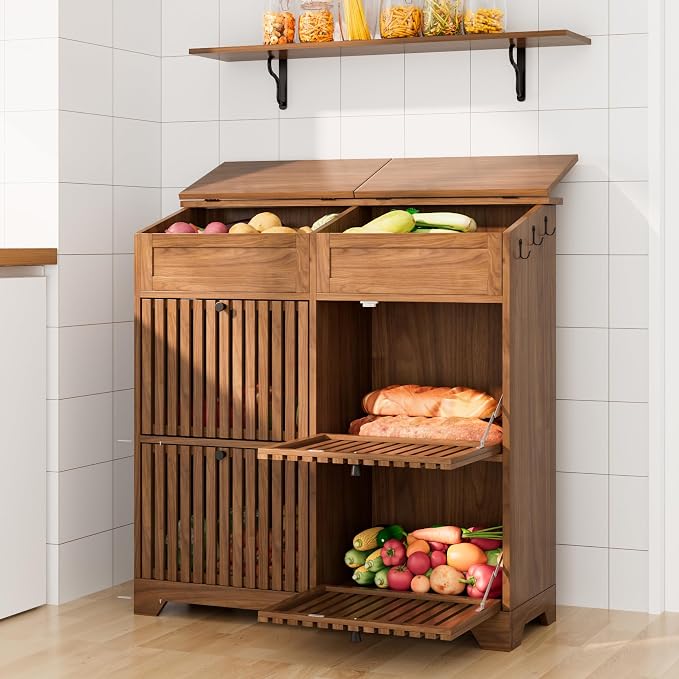 Potato Storage Bins, Fruit and Vegetable Storage, Kitchen Pantry Cabinet | Tall Large Potato and Onion Storage Bin, with 4 Doors, 3 Tier, Mid Century Modern, Wooden, Magnetic Flip top, Walnut - Image 2