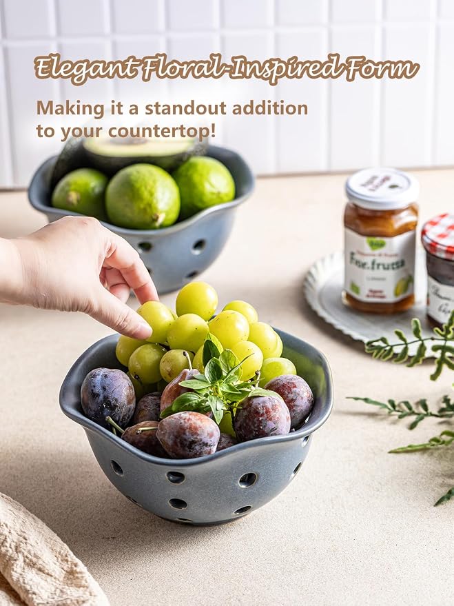 Gomakren Fruit Basket Set of 2, Ceramic Fruit Bowl Berry Basket with Holes, 7.6 Inch Fruit Containers Colander for Fridge - Farmhouse Kitchen Decor, Slate Blue - Image 6