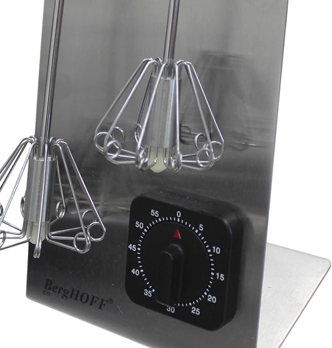 Berghoff Stainless Steel 3Pc Whisk Set, Countertop Stand & Integrated Timer | 3Pc Set of 18 10 Corrosion Resistant Rotating Mixing Whisks, Ergonomic Long Handle for Kitchen Cooking, Silver & Red - Image 3