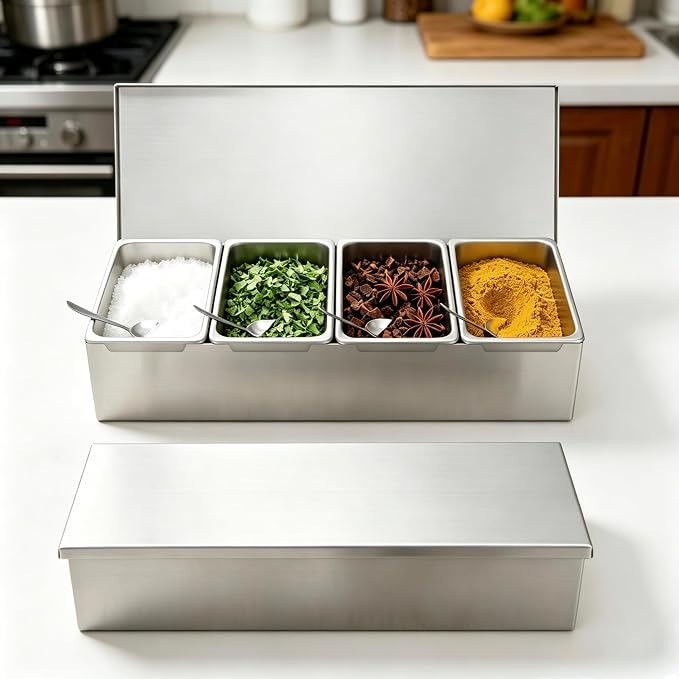 Pizza Topping Station Stainless Steel Spice Organizer Rack Condiment Caddy | Seasoning Container Removable Ingredient Holder, Pizza Oven Accessories with Lid for Grill Table Cart, Kitchen& Buffet - Image 4