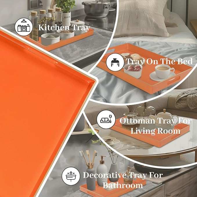 Orange Decorative Tray for Coffee Table, Serving Tray with Handles | Plastic Melamine Tray, Modern Ottoman Tray, Rectangular Countertop Organizer Tray for Living Room, 15.8"L x 10.2"W x 1.4"H - Image 7