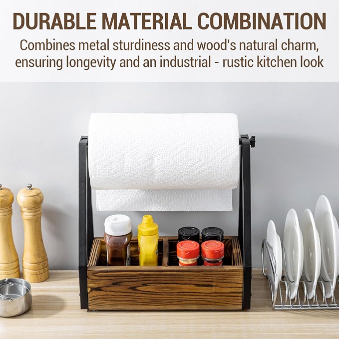 MyGift Kitchen Paper Towel Holder, Industrial Matte Black Metal and Solid Wood with Condiment Bottle and Spice Jar Storage Tray - Image 2