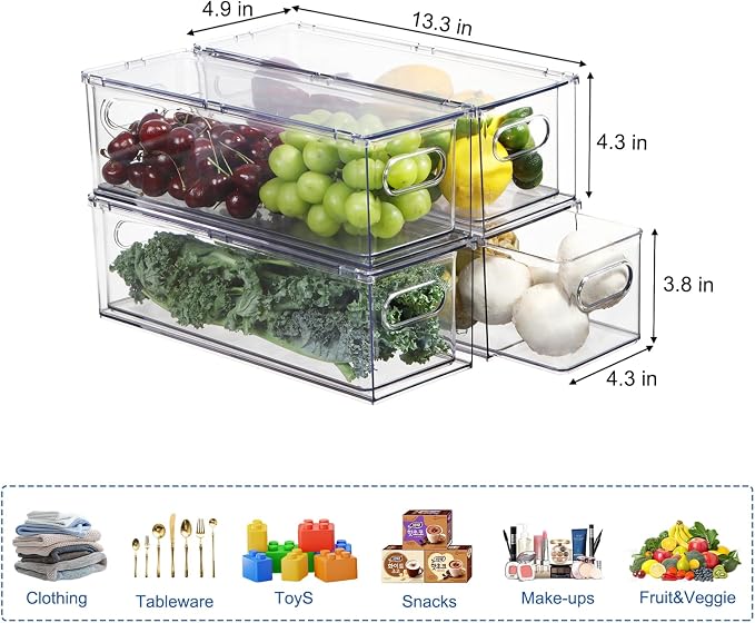 Fridge Organizers and Storage Pull Out Drawer, 4 Small | Stackable, Clear, Fruit and Veggies Containers, for Kitchen, Cabinet - Image 2