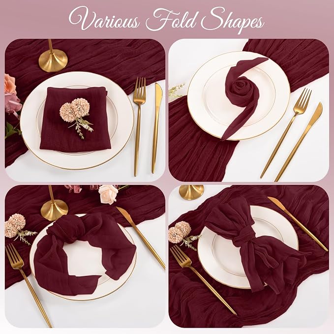 100 Pack Burgundy Cloth Napkins 20x20 Inch Cheesecloth Napkins | Elegant Cloth Napkins for Table, Washable Rustic Boho Gauze Napkins, for Wedding Party Bridal Baby Shower Christmas Decor - Image 3
