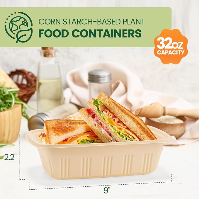 Glotoch Express 32 oz-200 Pack Meal Prep Containers with Lids,Resuable Cornstarch Material Salad Containers, Plant-based Lunch Boxes, Plastic Take Out Bowls for Restaurant - Image 2