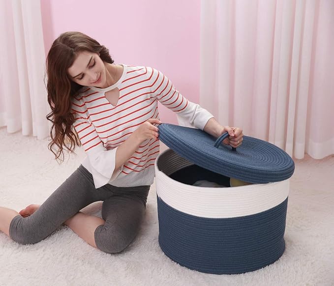 20x15 Inch Extra Large Round Cotton Rope Storage Basket with Lid, Decorative Woven Bin with Cover for Living Room Bedroom Closet, Dark Blue - Image 2