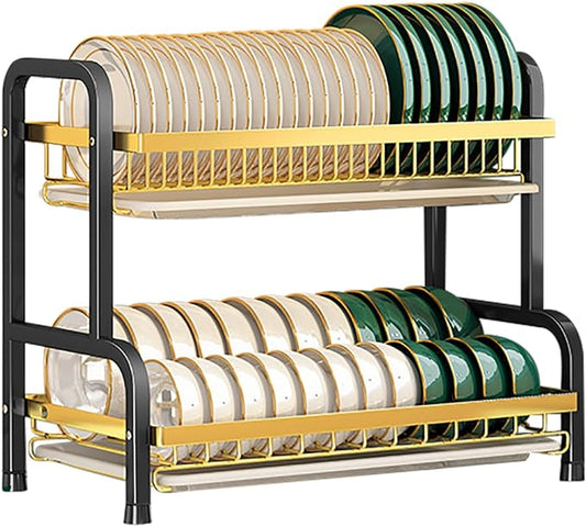 CAKERS Dish Drying Rack with Removable Drain Tray|Carbon Steel Dish Strainers for Kitchen Counter|Tableware Holder Dinnerware Drainer Organizer,Black Gold,2 Tier(Extra Long)-Main Shelf by CAKERS