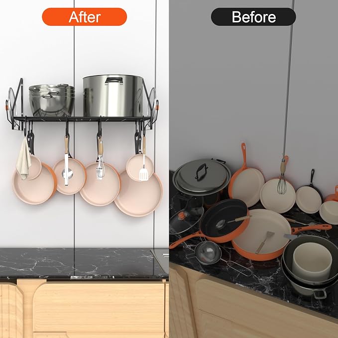 VyGrow 28 Inch Pot Rack Wall Mounted, Pots and Pans Organizer with 12 Hooks and 2 Pot Lid Holders, Heavy Duty Steel Pot and Pan Hanger for Kitchen Cookware Utensils Storage 34.7" Lx13 Wx12.6 H - Image 7
