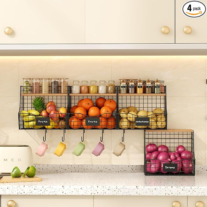 4 Pack Fruit Basket for Kitchen with Lid, Counter&Wall Mounted Hanging Fruit Basket, Potato and Onion Storage, Metal Wire Fruit and Vegetable Storage, Snack Organizer 11.81 * 8.66 * 10.63in by Jautokerdar