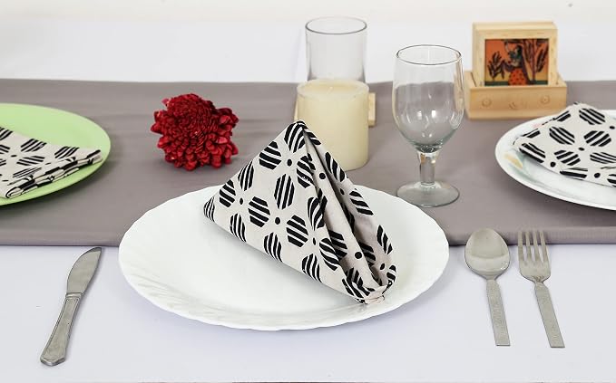 Taran Geometric Beige Print Cotton Dinner Napkins Set of 12 | 18x18 Inches | 100% Natural, Reusable Linens for Dinner, Events, Weddings - Image 4