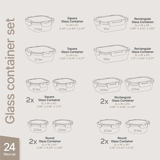 Bakken Borosilicate Glass Food Storage Containers with Lids 24 Pieces, BPA-Free Stackable Lunch & Leftover Containers, Microwave, Freezer & Dishwasher Safe, 100% Airtight Leak-Proof, Gray - Image 3
