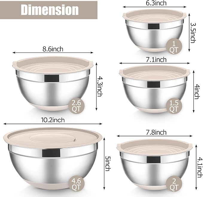 E-far Stainless Steel Mixing Bowls with Lids Set, 5-Piece Nesting Salad Bowls with 3 Grater Attachments and Non-Slip Bottoms, Size 4.6, 2.6, 2, 1.5, 1QT for Kitchen (Khaki) - Image 2