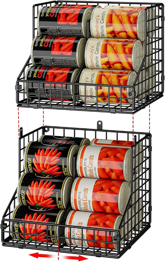 Stackable Can Organizer for Pantry with 2 Adjustable Dividers, Soda Can Organizer, Can Storage Dispenser Holds up to 28 Cans, 2 tier Metal Wire Baskets Can Holder for Kitchen Cabinet Pantry, Black by JKsmart