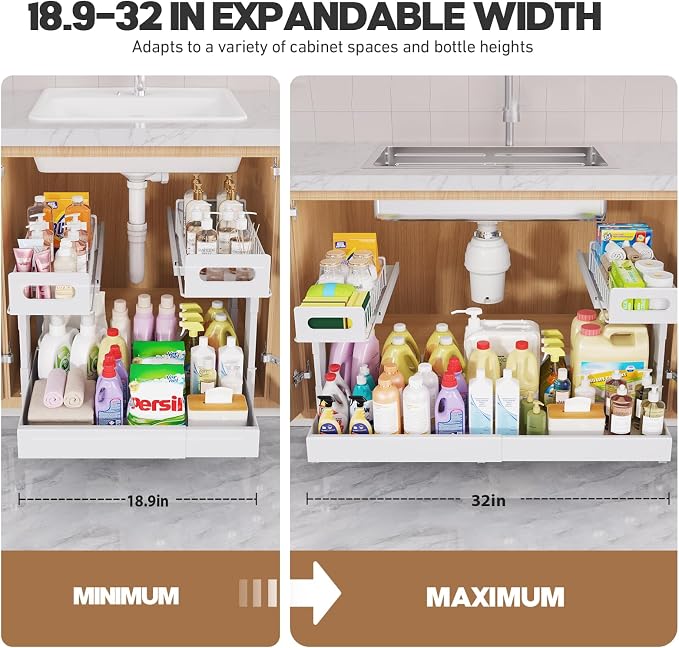 1 Pack-19"-32"W Expandable Under Sink Organizer With Upgrade Ball-Bearing Slide,2-Tier Pull Out Under Cabinet Organizer Height Adjustable,Not Suitable For Cabinets With Partitions In The Middle - Image 7