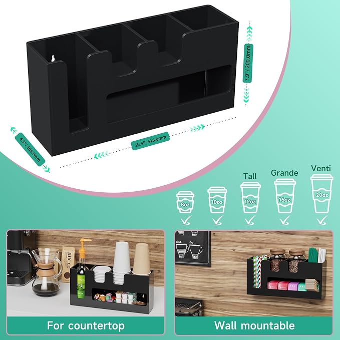 2-Tier Coffee Station Organizer for Countertop, 5 Compartments Black Acrylic Cup and Lid Holder Tea Condiment Storage Upright Coffee Bar Organizer Pod Dispenser for Office Breakroom Home Kitchen - Image 5
