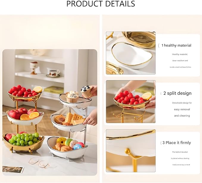 XUDREZ 3 Tier Fruit Bowl for Kitchen Counter with Metal Stand, Ceramic White Gold, Tiered Fruit Basket for Nuts, Snacks, Bread, Candy Storage (White A) - Image 6
