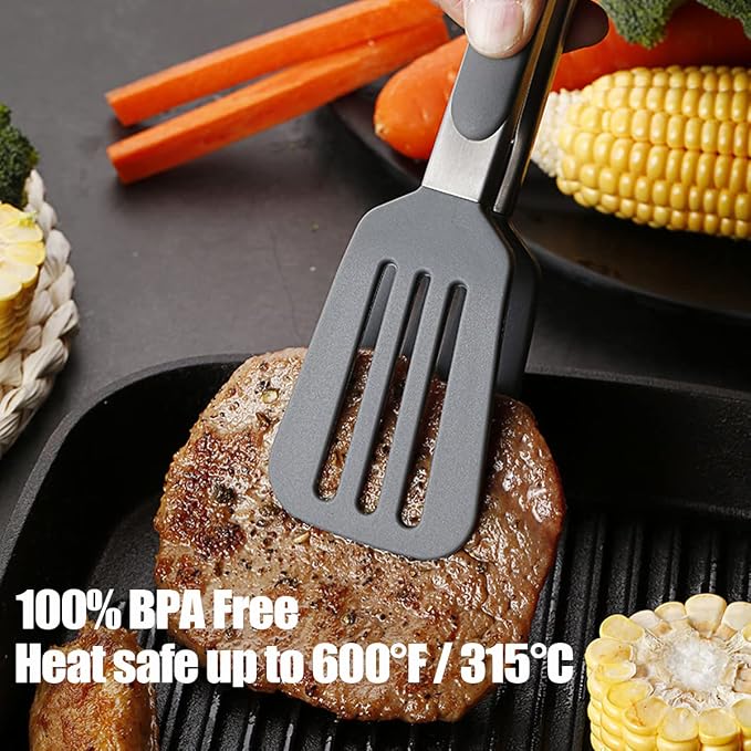 3 Pack Black Silicone Kitchen Cooking Tongs Set, Stainless Steel Nonstick Food Tong with BPA Free Silicone Tips for Serving Pasta Spaghetti Steak Pie Pizza Salad Vegetable Fruit Grilling BBQ - Image 5