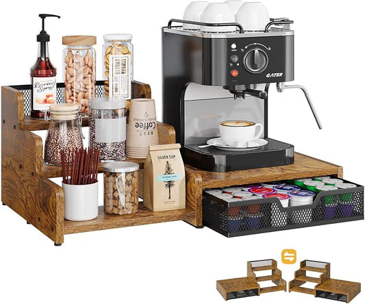 Coffee Station Organizer with K Cup Holder, 28 Pod Capacity,3-Tier Syrup Rack with Coffee Pod Holder Drawer, Coffee Bar organizer Countertop for Accessories,Rustic Brown by Bliesosfud
