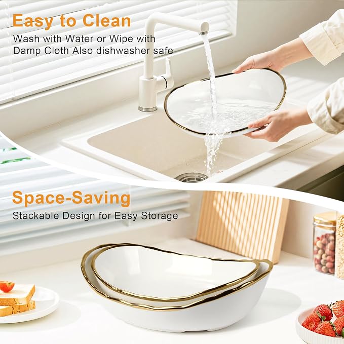 2 Tier Ceramic Fruit Bowl, Fruit Basket for Kitchen Counter, Tiered Fruit Rack for Countertop, Modern Multi Large Capacity Serving Holder for Party Dessert, Vegetable, Snack(Gold&White) - Image 5