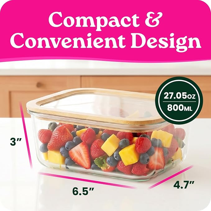 6-Pack Glass Food Storage Containers with Glass Lids & Bamboo Rim – Plastic Free 27 Oz Glass Meal Prep Containers for Lunch, Eco Friendly Airtight Food Storage, Microwave & Oven Safe - Image 2