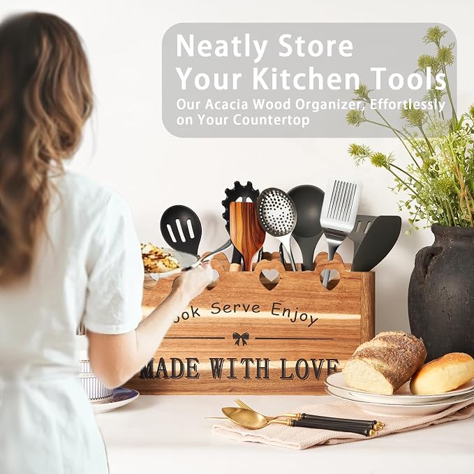 Kitchen Utensil Holder, Large Acacia Wood Organizer for Countertop | Extra Large Farmhouse Style with 4 Compartments, Rustic Wooden Storage for Cooking Tools & Cutlery - Image 5