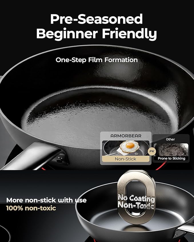 10 Inch Anti-Warp Carbon Steel Frying Pan, Nitrided Skillet | Pre-Seasoned, Works on All Cooktops, Oven Safe, Ideal for Indoor Kitchen Daily Cooking, Outdoor Camping, Chefs - Image 5