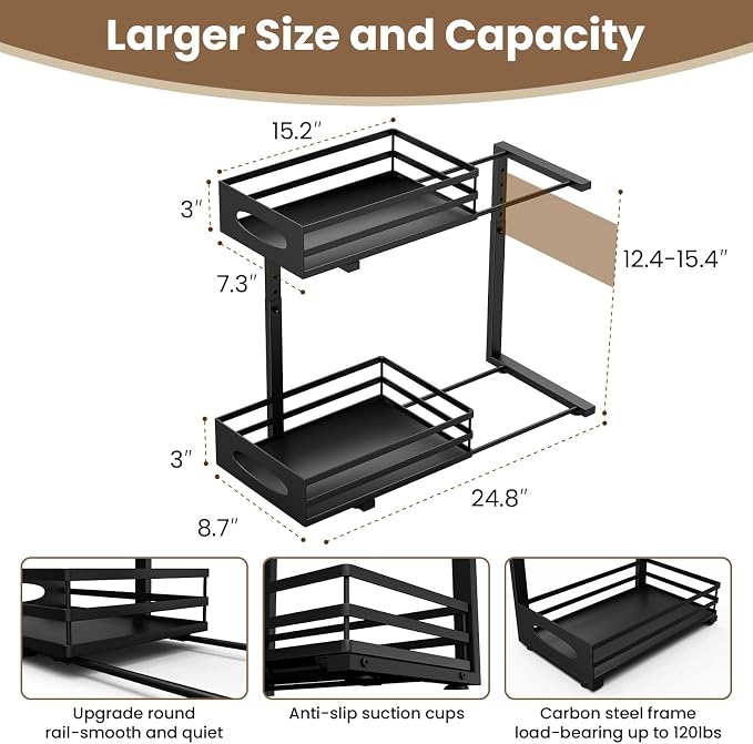 Under Sink Organizer, Slide Sink Steel Shelf Cabinet Storage Shelves, Height Adjustable Under Sink Organizers and Storage, 2 Tier Pull Out Drawer Cabinet Organizer for Kitchen Bathroom - Image 4