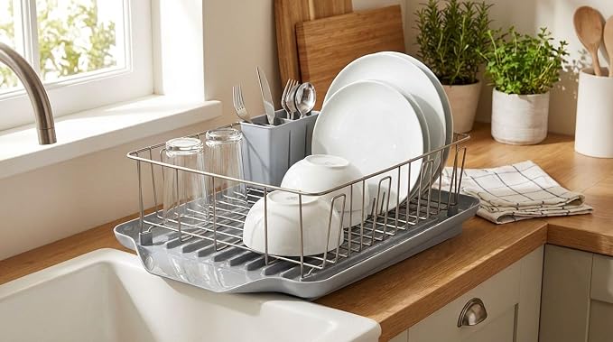 Farberware Classic 3-Piece Dish Drying Rack Set, Gray - Rust-Resistant Dish Rack for Kitchen Counter with Self-Draining Board and Flatware Caddy - Image 6
