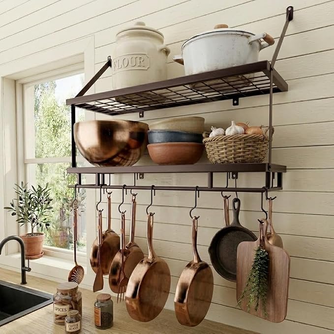 KES 30-Inch Oiled Bronze Pot Rack Wall Mounted, 100 Lbs Capacity, 12 Hooks | 2-Tier, Cast Iron Pots and Pans Organizer Hanging, Kitchen Wall Hanger Shelves, Farmhouse Style, KUR215S75B-OB by KES