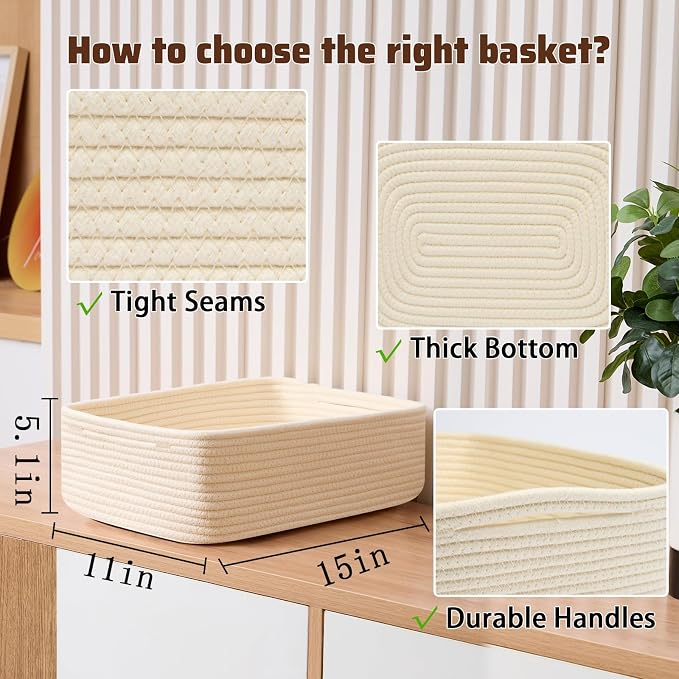MiniArk Large Shallow Organizing Baskets 15x11x5.1 Inches - Rope Woven Storage Bins for Bathroom, Shelves, Cube Closet, Beige 2 Packs - Image 2