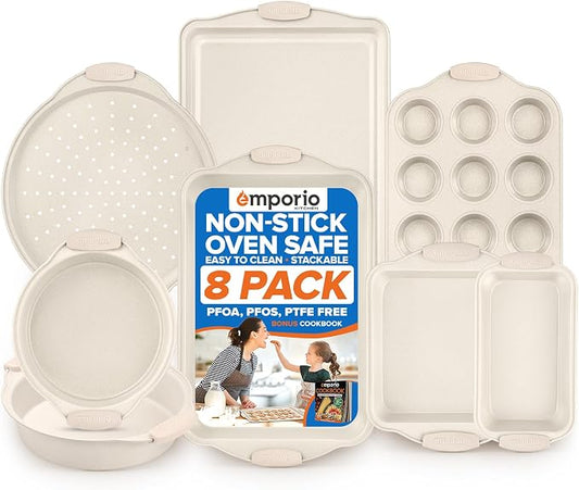 Emporio Kitchen Baking Pan Set - Nonstick Coating, Carbon Steel Bakeware Set with White Silicone Handle, PFOA, PFOS, PTFE Free, Recipe Booklet Included, Oven Safe Tray (Up To 450° F), Set of 8 - White by Unknown