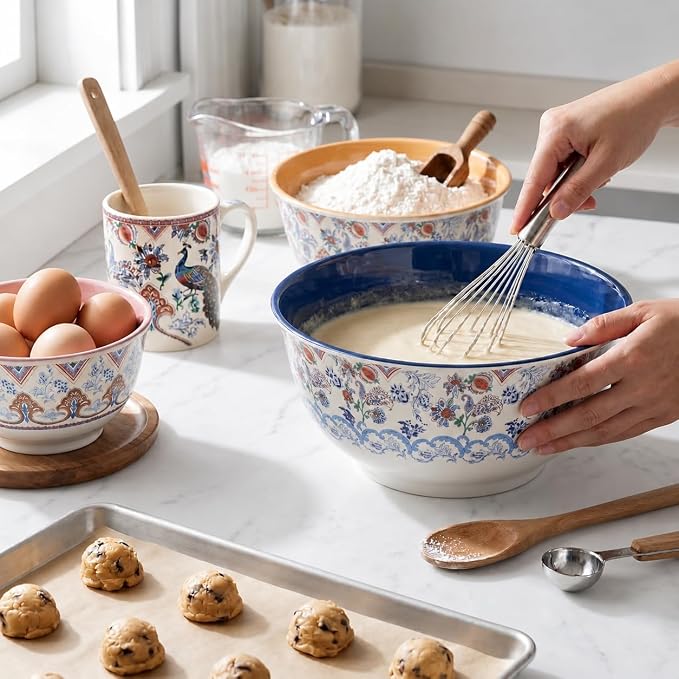 TP Melamine Mixing Bowl Set with Lids, Salad Bowl Set of 3, Ottoman Floral | Nesting Design,Break-resistant,Pasta & Salad Prep, Baking Prep, Space-saving Storage, Freezer Safe, Dishwasher Safe - Image 4