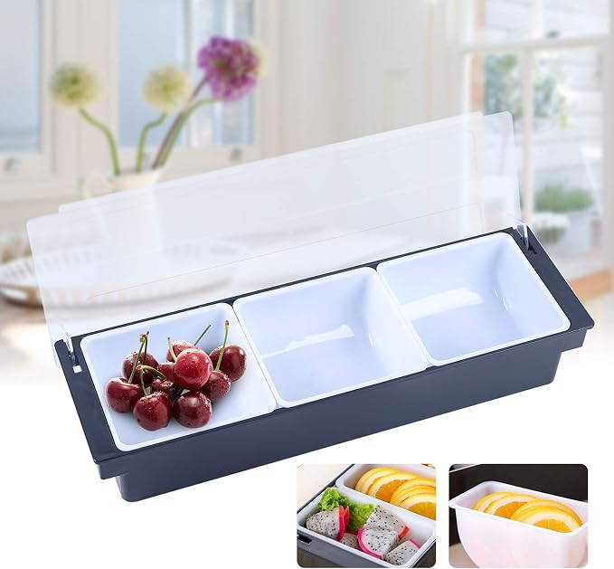 Commercial 3 Compartment Condiment Dispenser, 3 Tray Fruit, Veggie, Condiment Caddy with Lid Topping Organizer for Nacho & Taco Bars, Ice Cream, Fruit, Salad Bar Suitable in Commercial or Family - Image 3