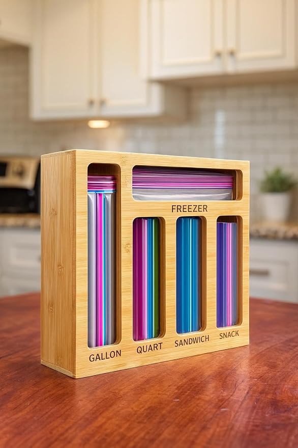 Food Storage Bag Organizer for Kitchen Drawer — Bamboo Plastic Bag Holder with 5 Slots for Gallon, Freezer, Quart, Sandwich and Snack Zip Top Bags, Drawer Organization (13.9 x 11.9 x 3.5 in) - Image 2