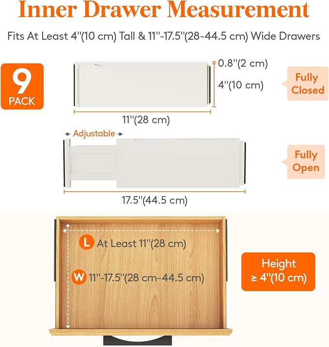 Lifewit 9 Pack Drawer Dividers 4" High 28-43.5cm/11-17" Adjustable Drawer Organizer for Clothes/Utensils, Expandable Drawer Separator in Dresser/Kitchen/Bedroom/Office Organization & Storage Beige - Image 2