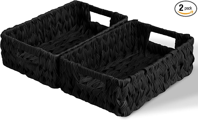 GRANNY SAYS Wicker Storage Baskets for Shelves, Black Wicker Basket, 2-Pack | Waterproof Woven Baskets for Storage, Decorative Basket, Wicker Baskets for Organizing, organizer Basket, Black Woven Basket by GRANNYSAYS