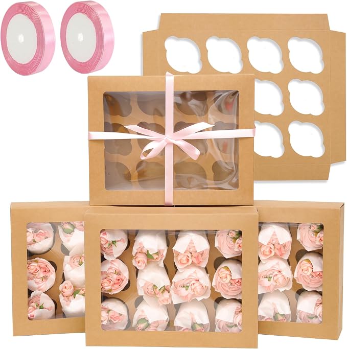 qiqee Auto-pop Up Cupcake Boxes with Window Brown 40PCS 12 Count Cupcake Box 13"x10"x3.5" Cupcakes Carrier, 12 Cupcake Containers with 2 rolls of pink ribbons by Qiqee