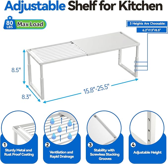 2 Packs Expandable Cabinet Shelf Organizer, Stackable Countertop Shelves | 15.8''- 25.5'' In Cabinet Shelf, Adjustable Kitchen Cabinet Organizer for Pantry Organizer, CupBoard Organizers and Storage - Image 7