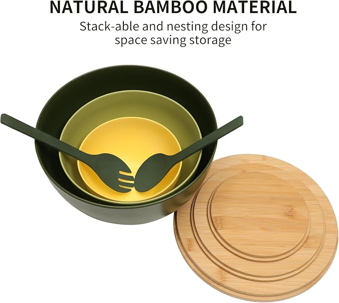 ECOWAY Salad Bowls Set of 3 with Lid & Serving Utensils, Colorful Serving Bowls, Bamboo Fiber Salad Bowls with Bamboo Lid, Kitchen Bowls for Salad, Kitchen Eating, Pasta, Popcorn, Fruit (3 Colors) - Image 4