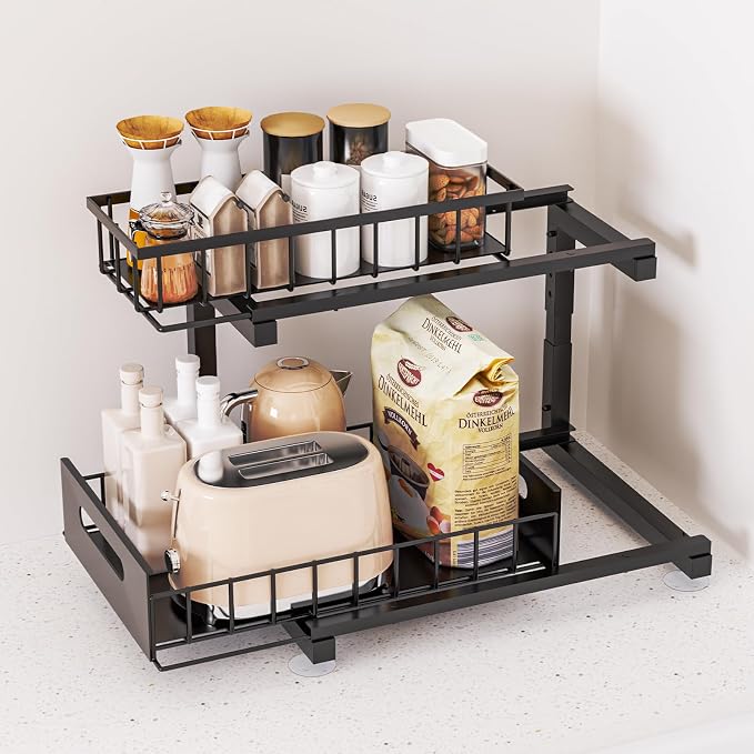 Under Sink Organizer, Heavy Duty Metal Pull Out Cabinet Organizer Slide Out Sink Shelf Organizer Height Adjustable, Multi-Purpose Storage Shelf for Kitchen Bathroom(Black,2Pack) - Image 7