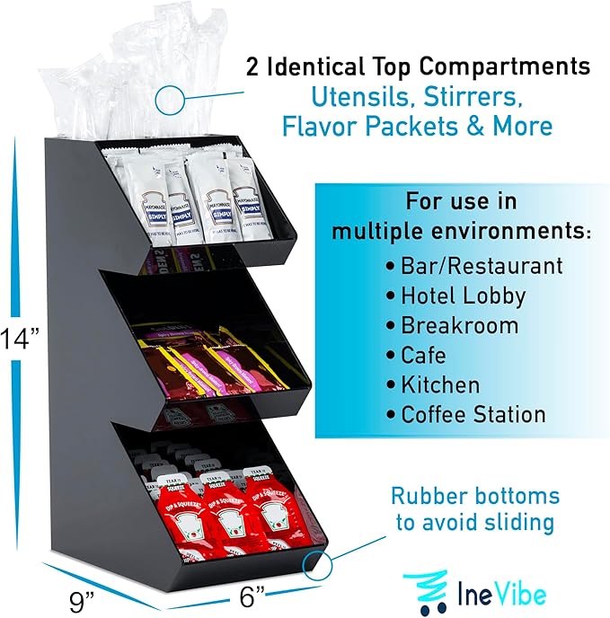 Inevibe Condiment Holder Stand, 3 Tier Coffee Station Organizer | Triple Compartment Black Acrylic Caddy Storage Rack for Condiments, Sauce Packets, & Coffee Display in Bar, Restaurant, Home - Image 3