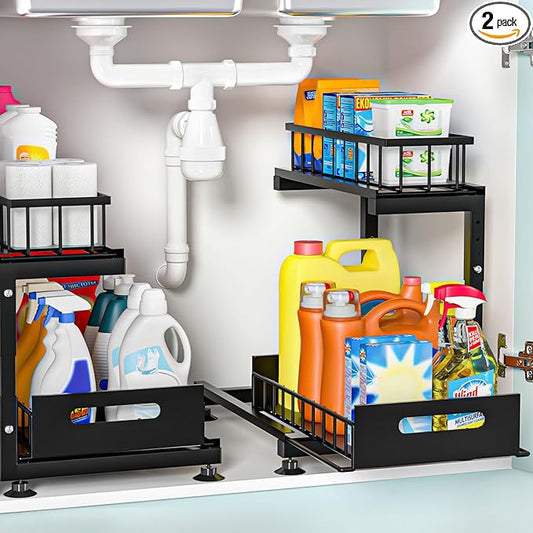 2-Pack L-Shaped Under Sink Organizer, 2-Tier Pull-out Cabinet Rack | Black Height-Adjustable Metal Rack, Sliding Grid Drawers with Safety Stopper, Holds 100 Lbs, Ideal Kitchen Cabinet Storage by Saydear